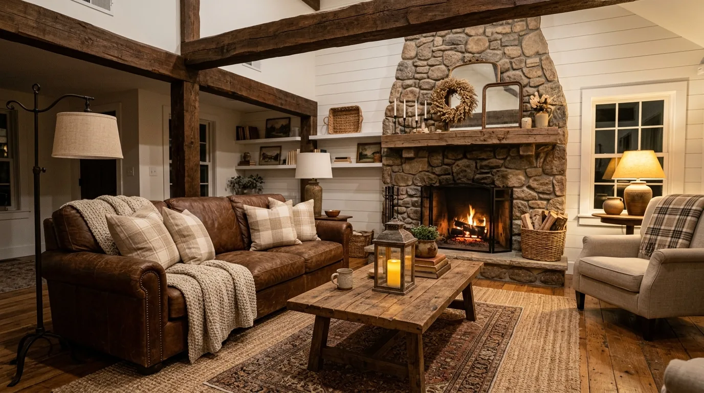 Walnut furniture with beige linen seating in a sophisticated living room.