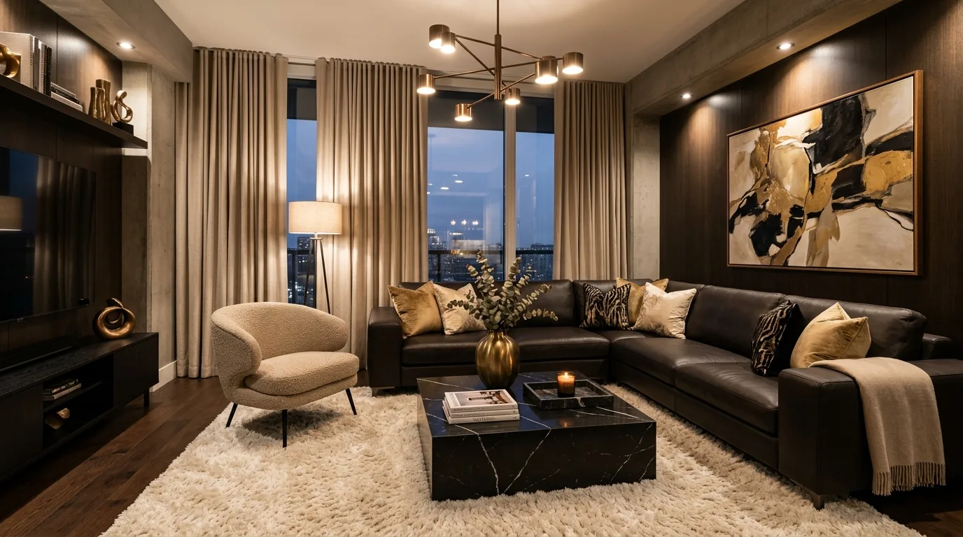 Beige slipcovered sofa with heritage brown accents and a warm layered rug.