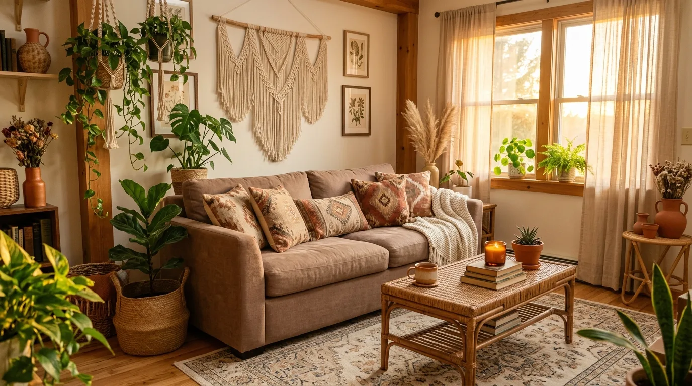 Mocha velvet sofa in a creamy beige living room with soft lamps and a pale rug.
