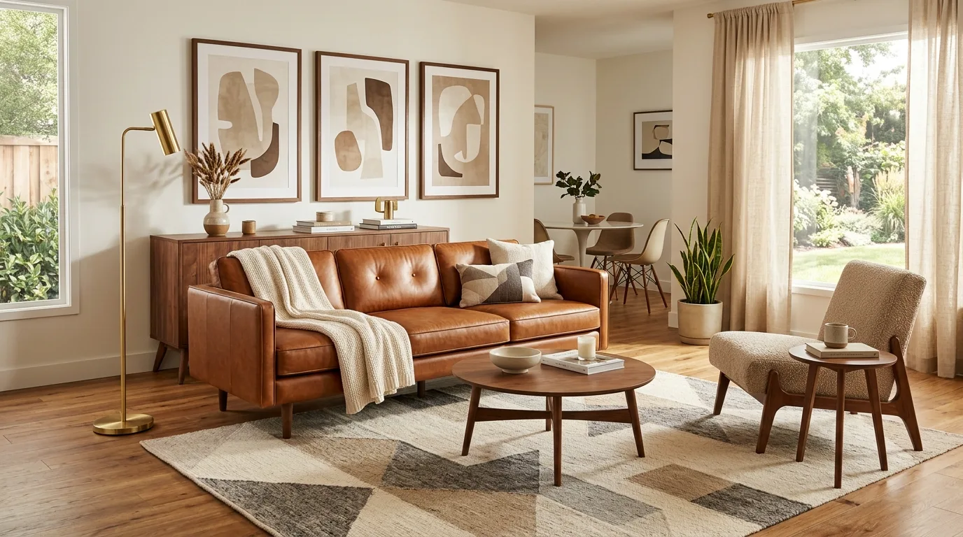 Modern beige living room with chestnut brown sofa and clean-lined decor.