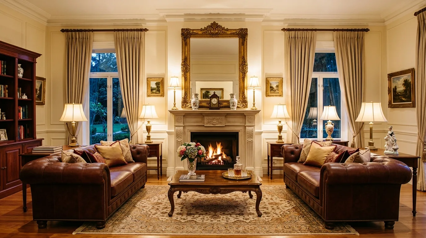 Layered brown and flax rugs beneath neutral furniture in a living room.
