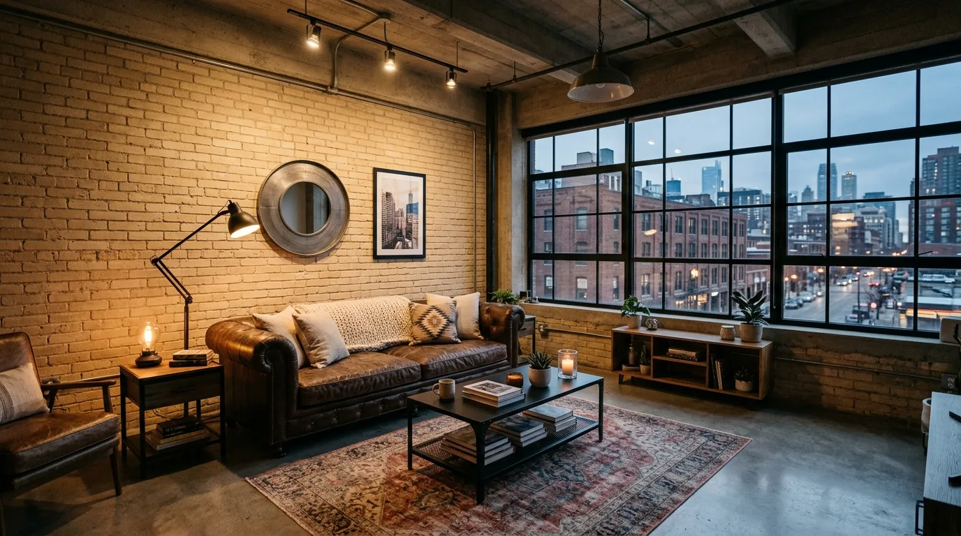 Beige upholstery under rustic wooden beams in a warm living room.