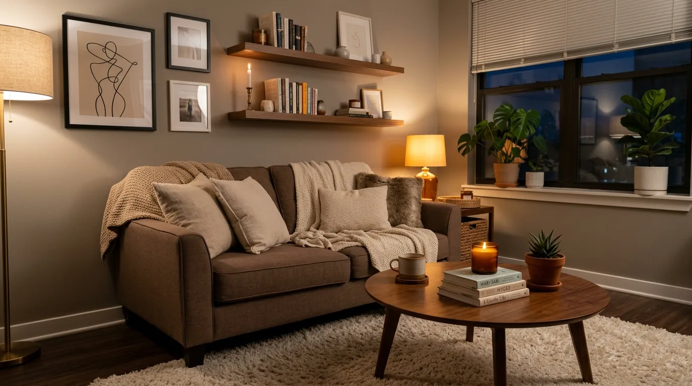 Almond beige seating with bronze accents and brown decor in a glamorous neutral living room.