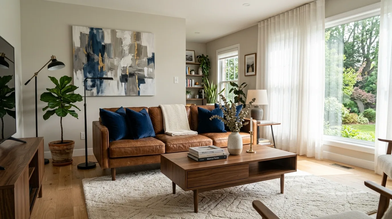 Brown leather sofa with blue accents in a balanced living room.