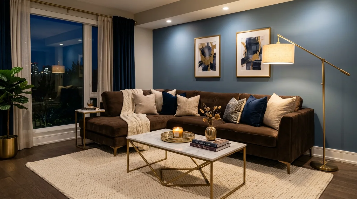 Slate blue walls with walnut furniture in a cozy living room.