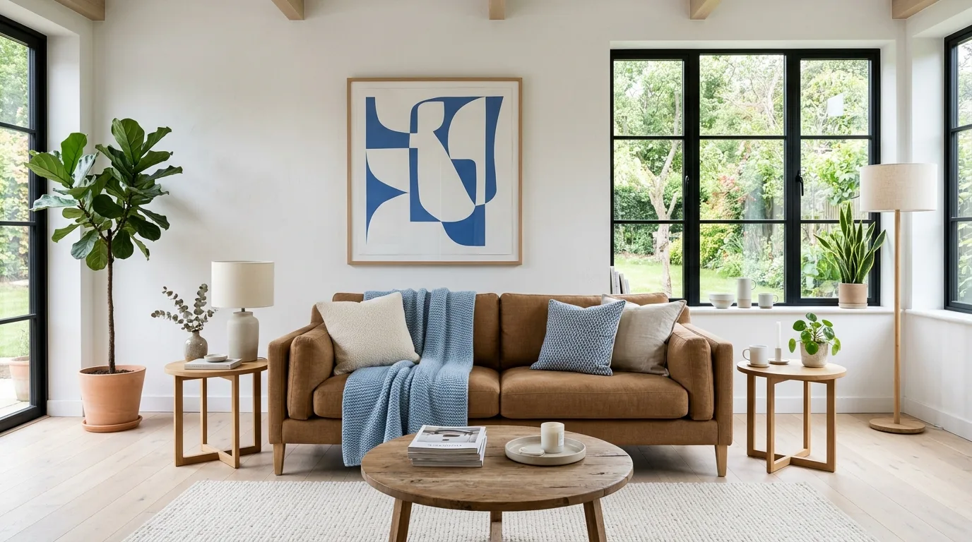 Camel seating with powder blue accents in an airy living room.
