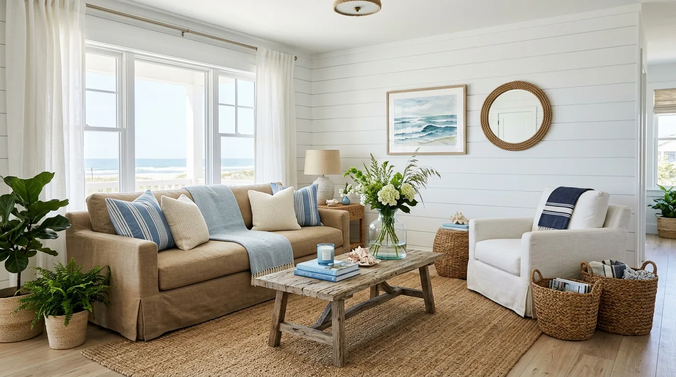Dark brown couch with denim blue rug and pillows in a cozy living room.