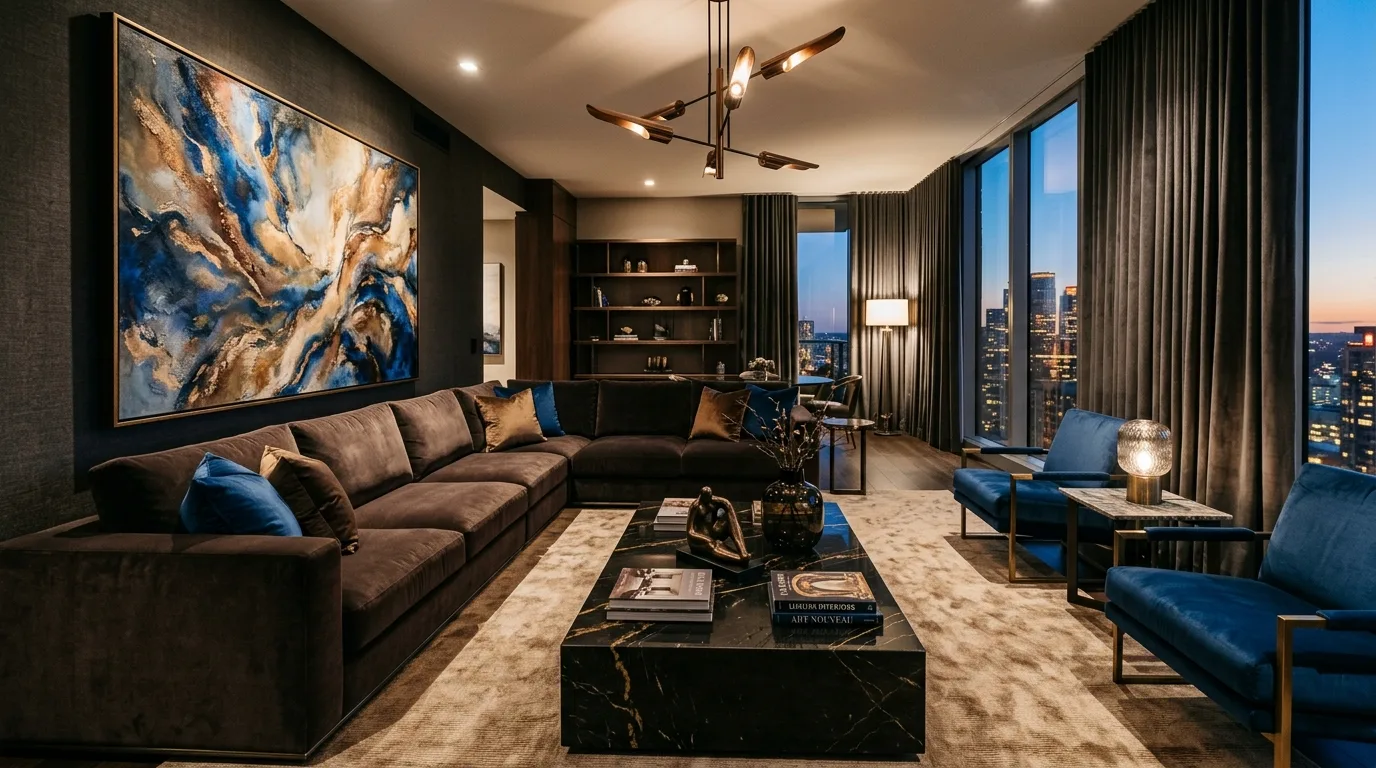 Blue velvet chairs with chocolate brown seating in a refined living room.