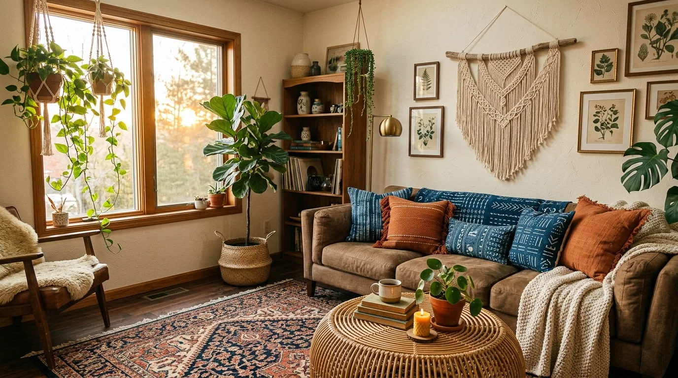 Weathered brown wood and coastal blue textiles in a relaxed living room.