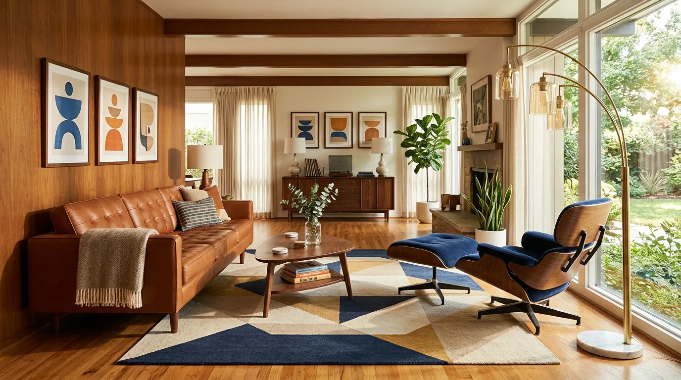 Walnut living room with teal accents in a mid-century setting.