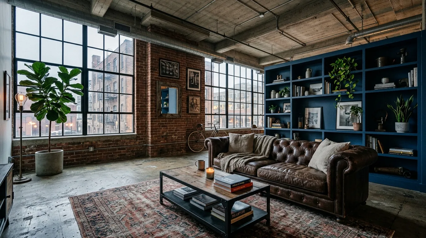 Brown sofa with oversized blue artwork above it in a stylish living room.