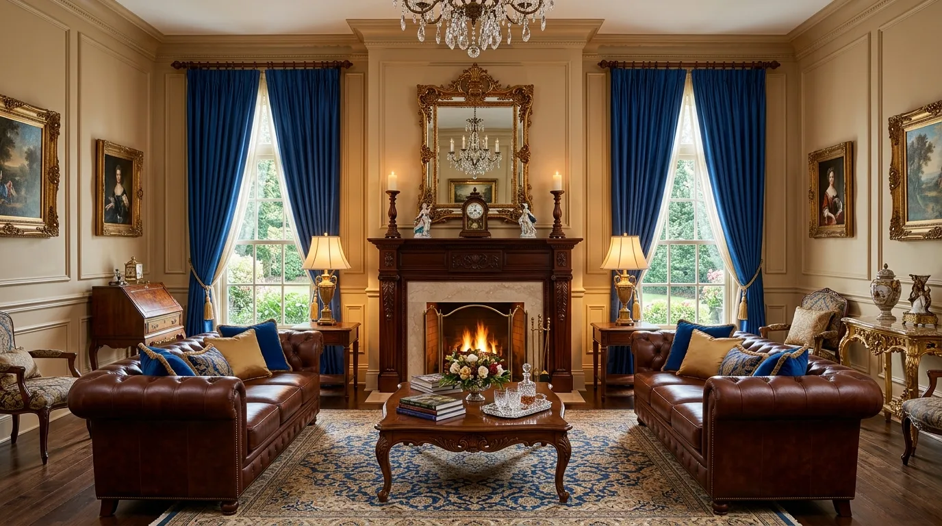 Brown leather seating with dusty blue drapes in a cozy living room.