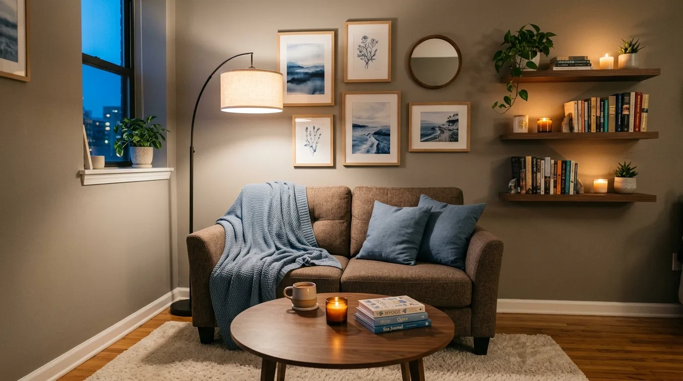 Moody living room with charcoal blue walls and brown furniture.