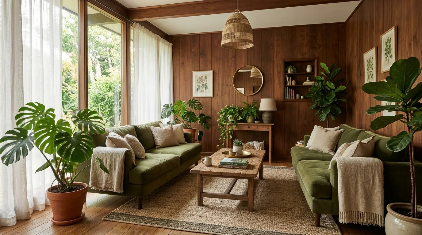 Brown and green living room inspired by the earth with layered natural texture.