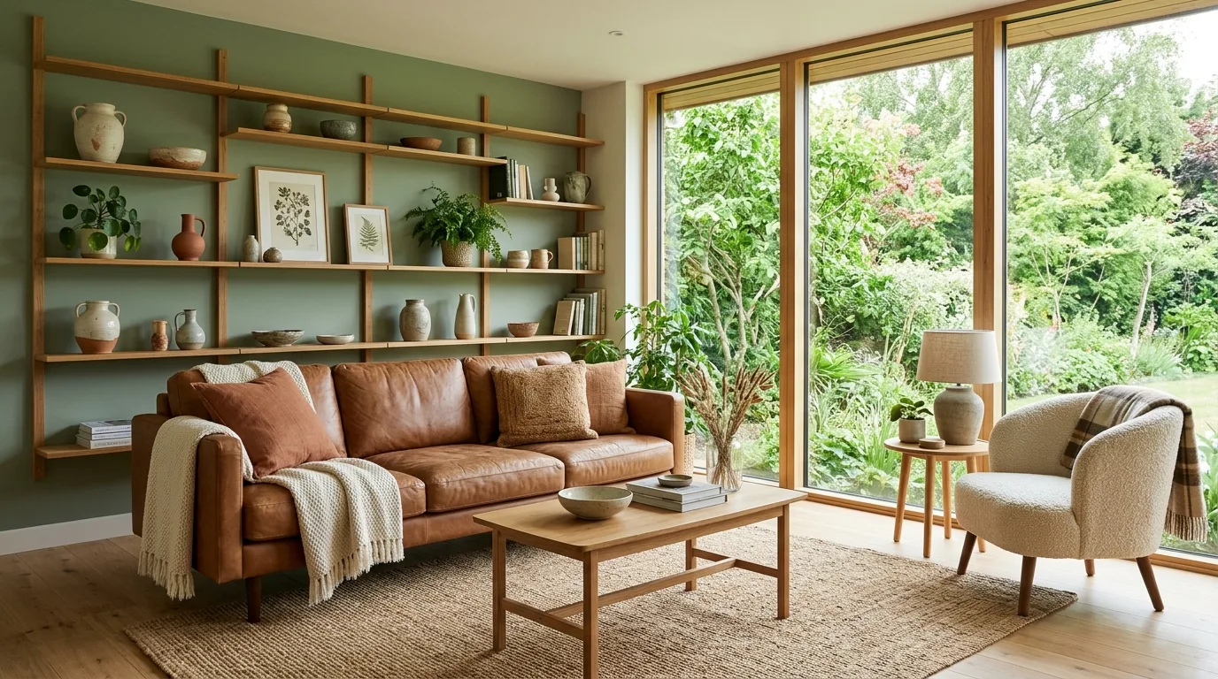Brown sofa with sage green softness in a calm earth-inspired living room.