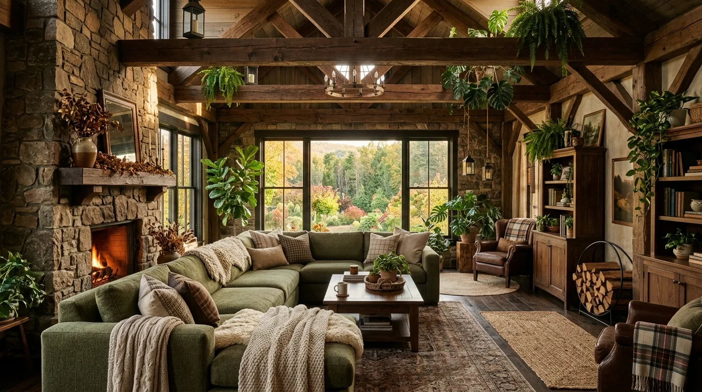 Deep green accents in a brown wood room with grounded earthy warmth.