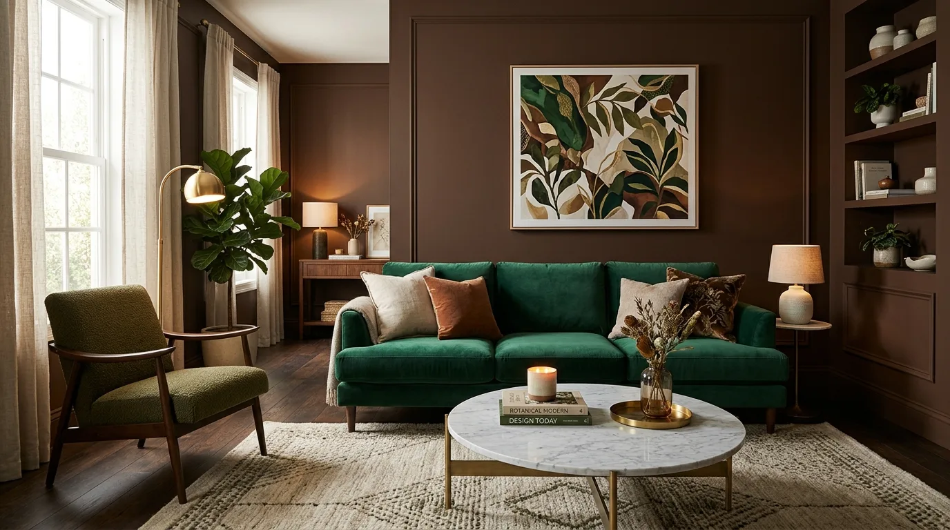 Moss green and caramel tones creating natural warmth in a living room.