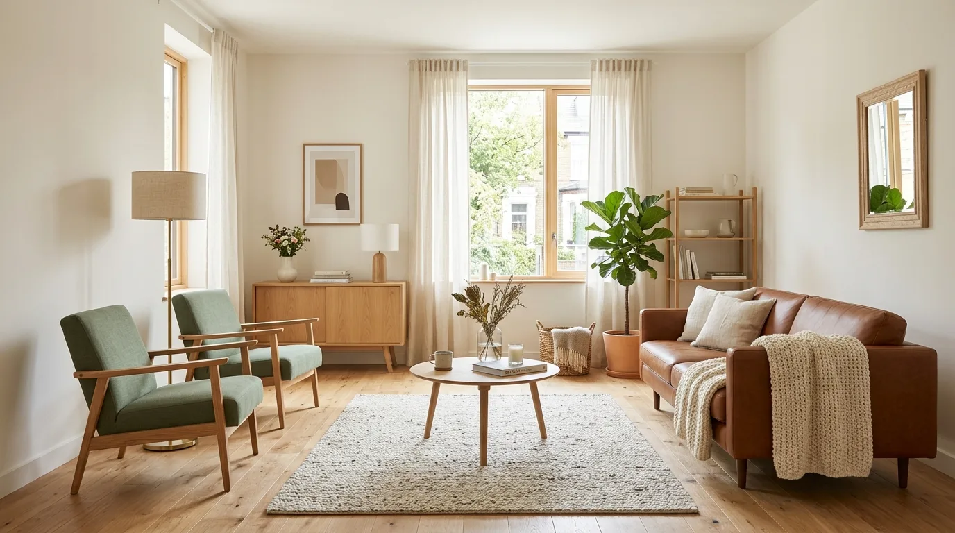 Brown leather and botanical greens in a richly grounded living room.