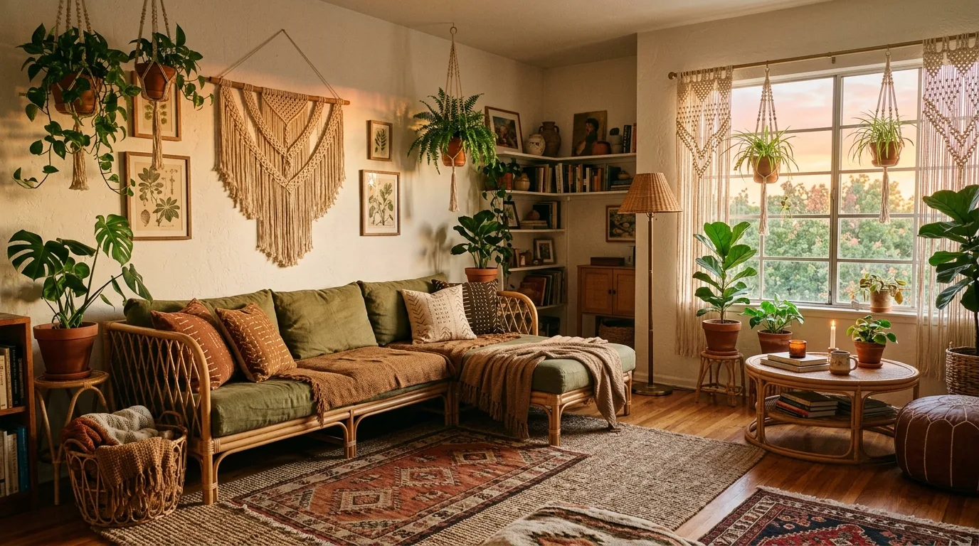 Brown and green room with stone texture and earthy layered warmth.