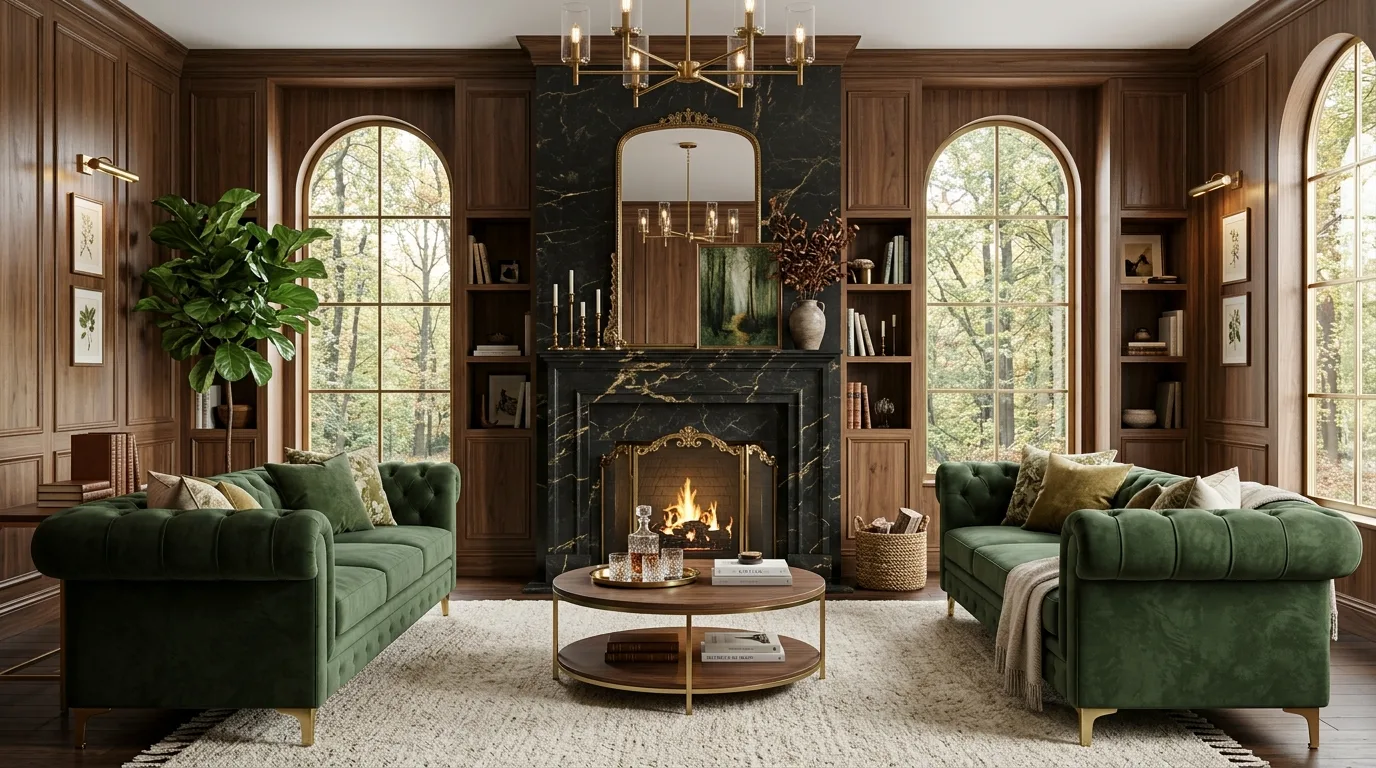 Modern earth tones with green and walnut in a calm living room.