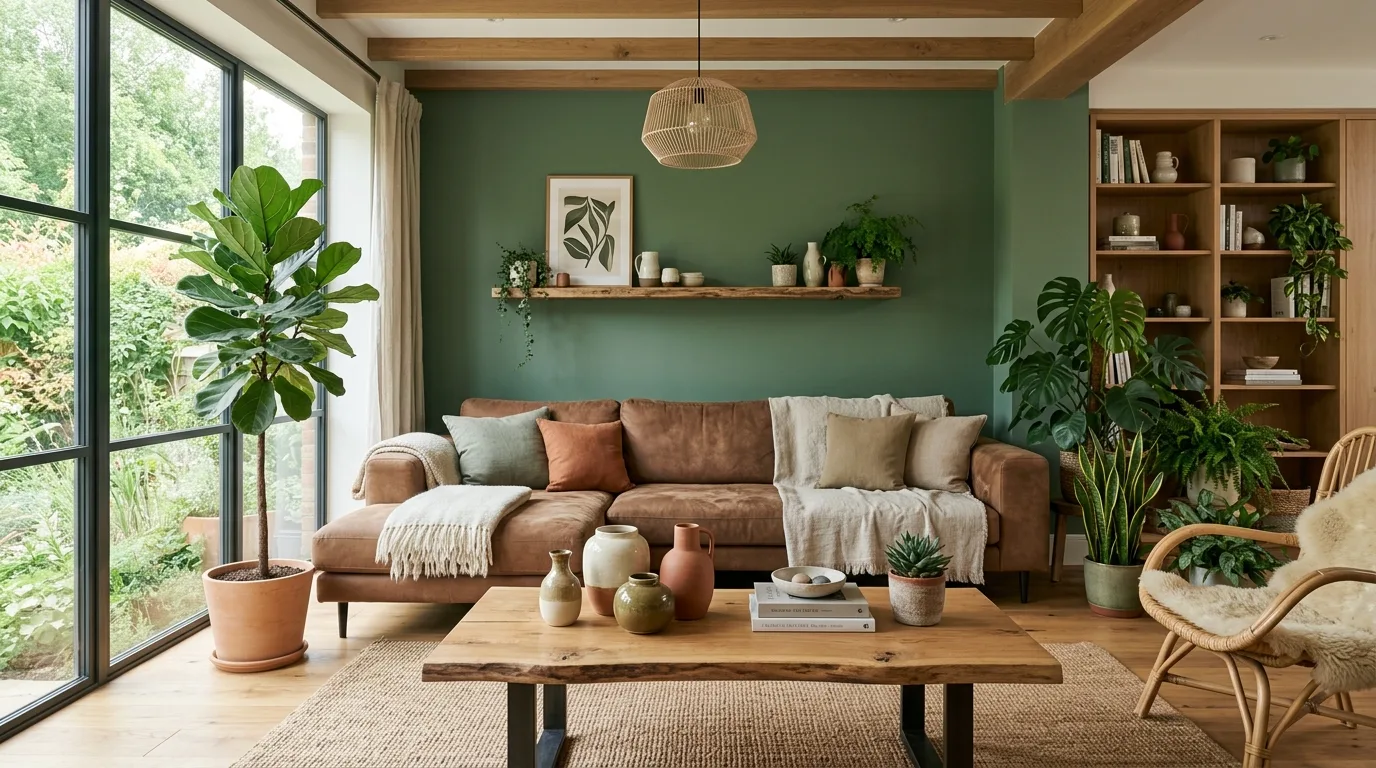 Light green layers around chocolate brown in a soft earthy living room.