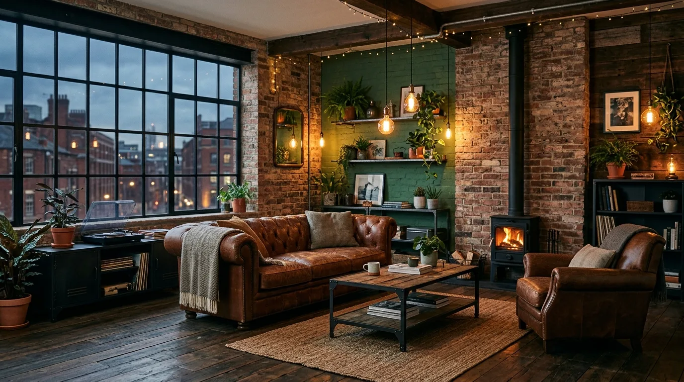 Warm brown and green with natural linen in an earth-inspired living room.
