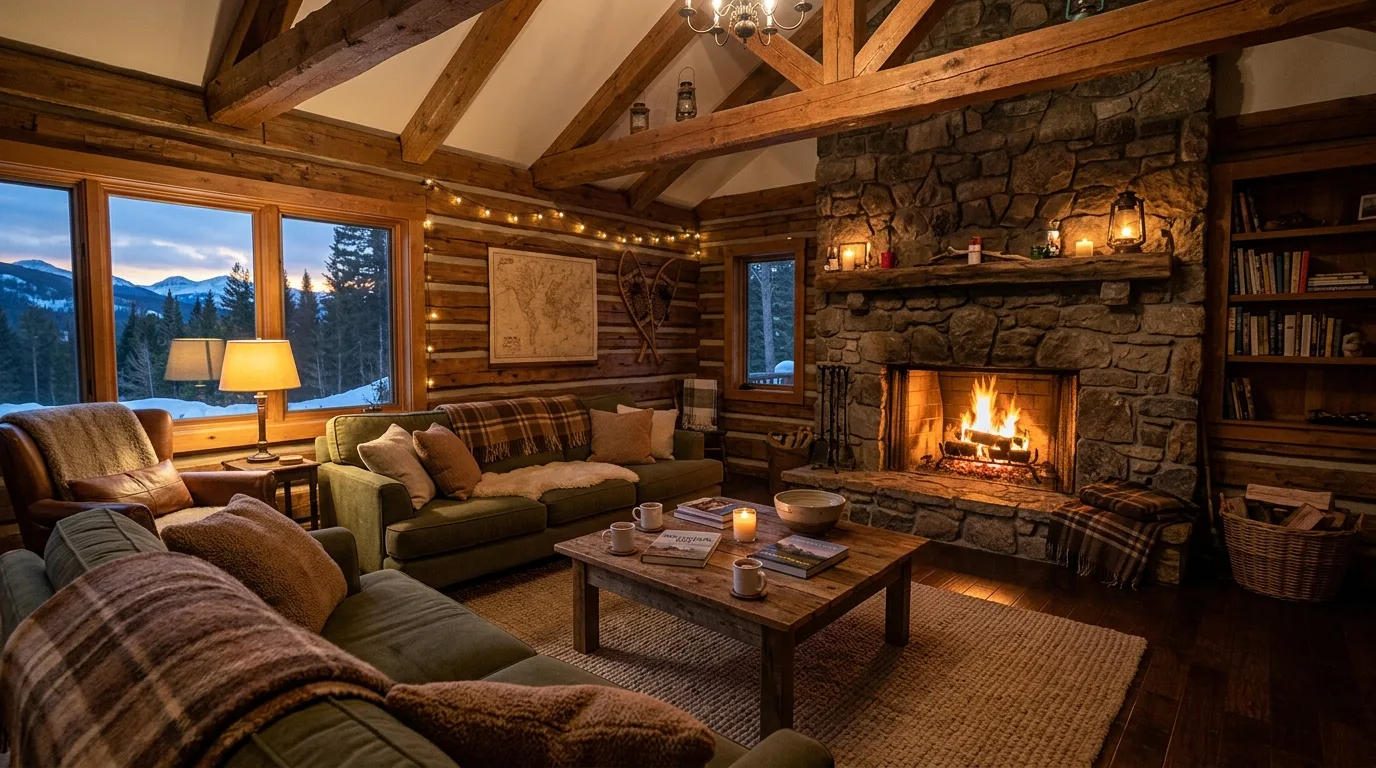 Green velvet in a brown anchored living room with rich earthy glamour.