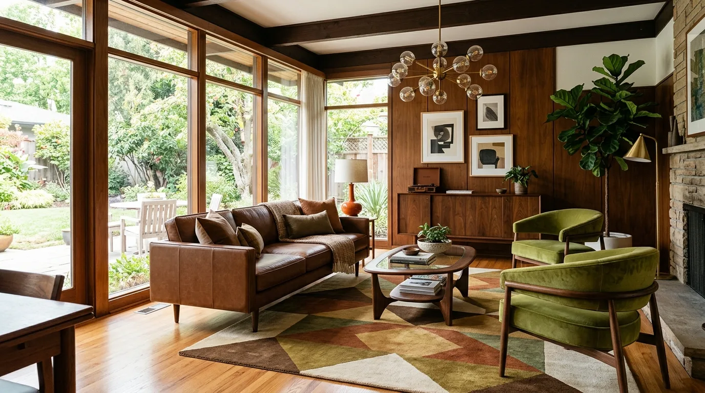 Brown and green living room with a quiet organic mood and layered calm.