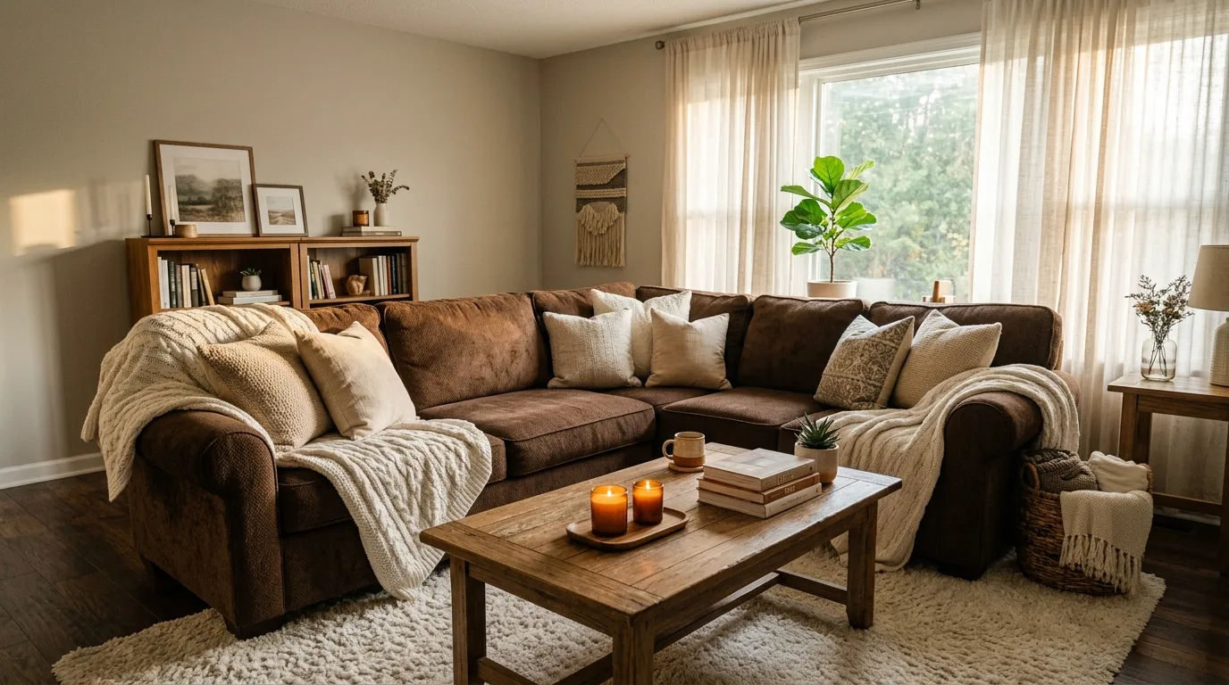 Cozy brown sectional living room with ivory rug and warm sunlight.