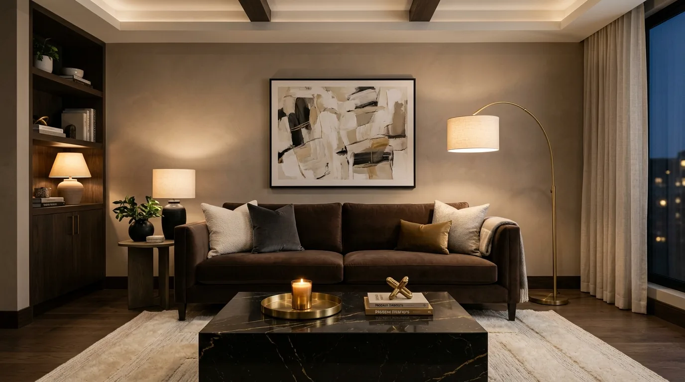 Espresso brown velvet sofa with marble table and brass lamp.