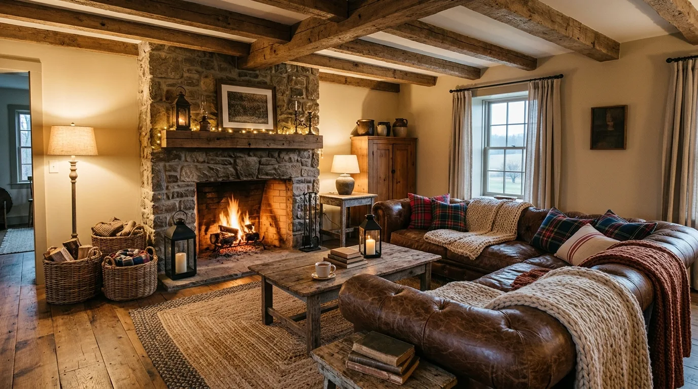 Brown leather couch with reclaimed wood table in farmhouse living room.