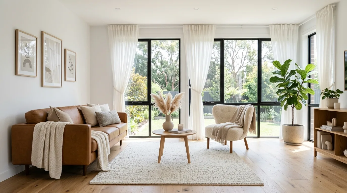 Caramel brown sofa with boucle chair and pale oak flooring.