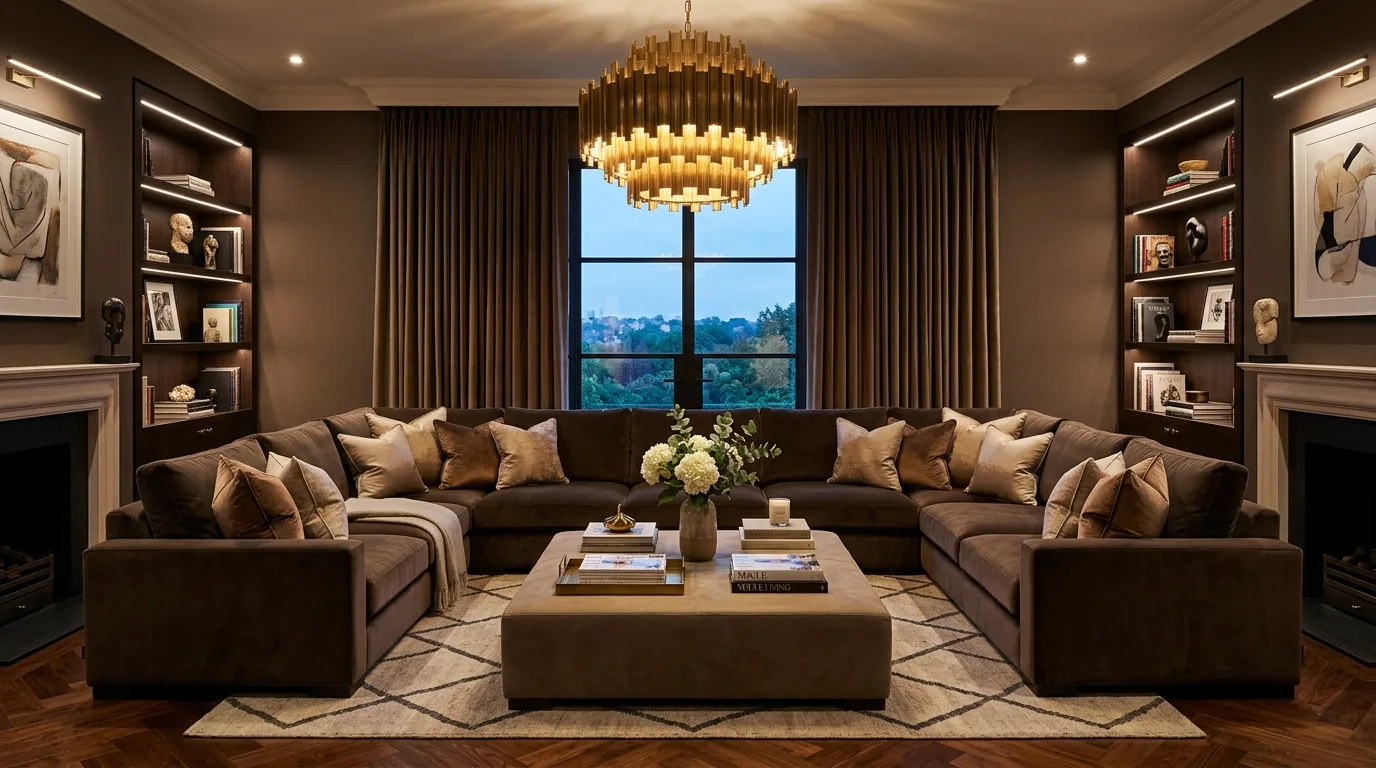 Dark mocha velvet sectional with ottoman and dramatic drapery.