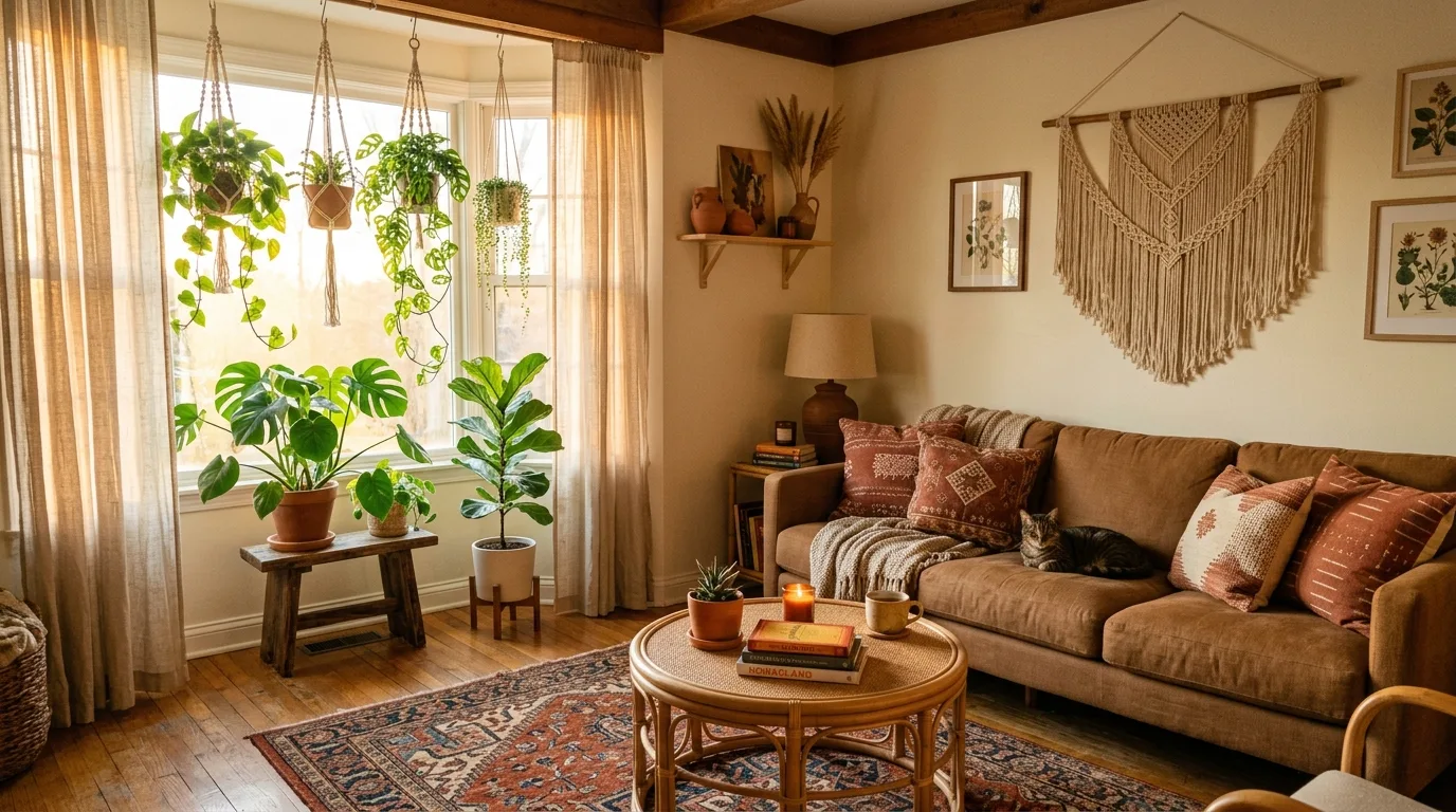Brown linen sofa with rust pillows, greenery, and Persian rug.