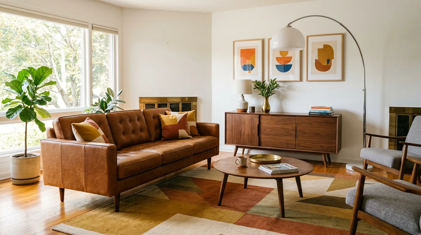 Cognac leather sofa with walnut credenza in mid-century room.