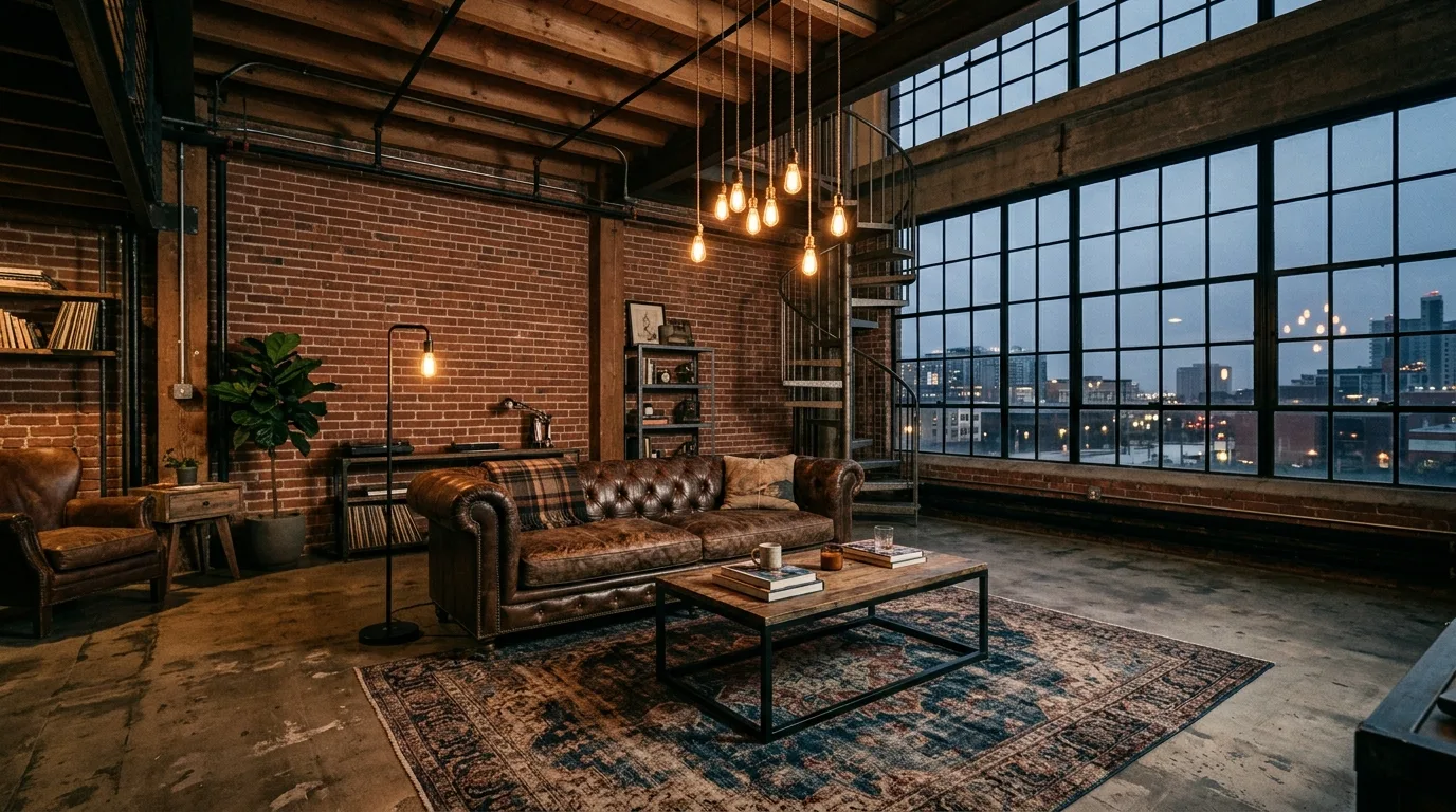Dark brown Chesterfield sofa in exposed brick loft.
