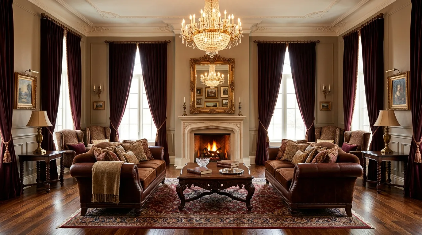 Mahogany brown sofa in a classic elegant living room.