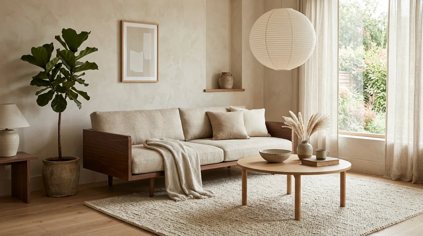 Walnut brown low-profile sofa in a minimalist Japandi living room.