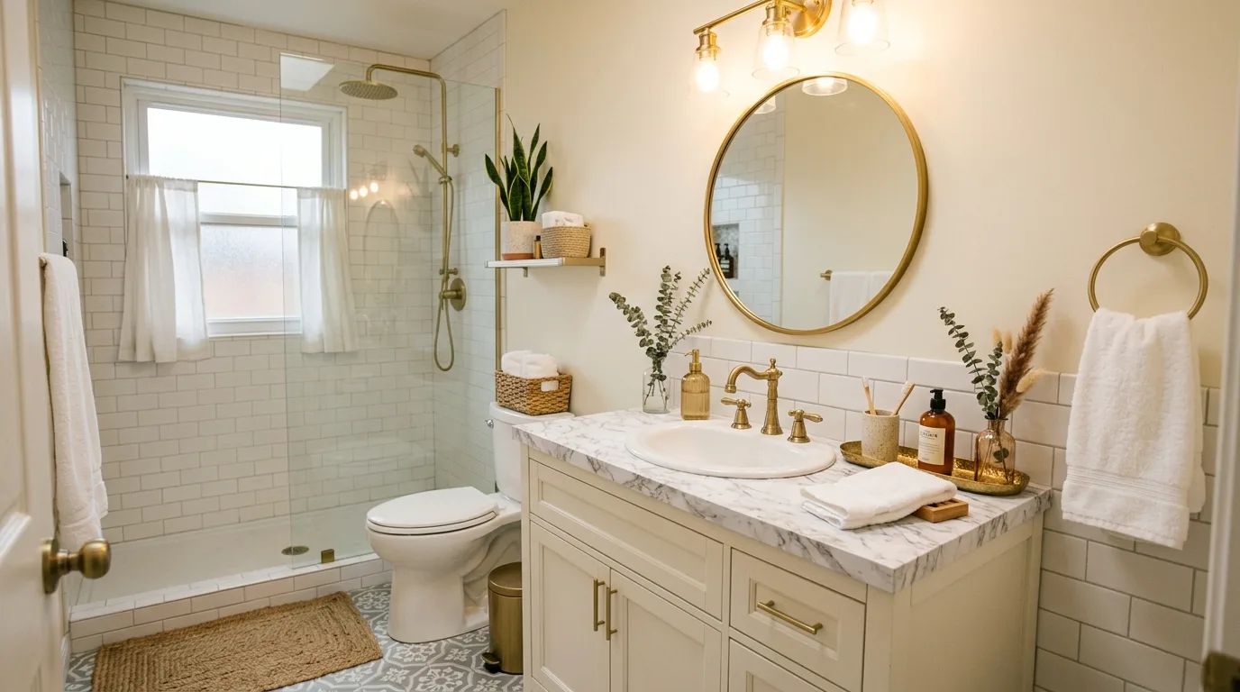 use decor that reinforces the look in a bathroom inspired by budget friendly budget expensive.