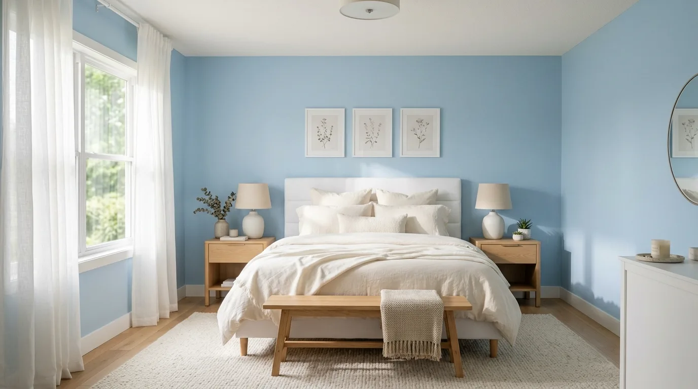 Calming blue bedroom walls with soft bedding and warm natural light.