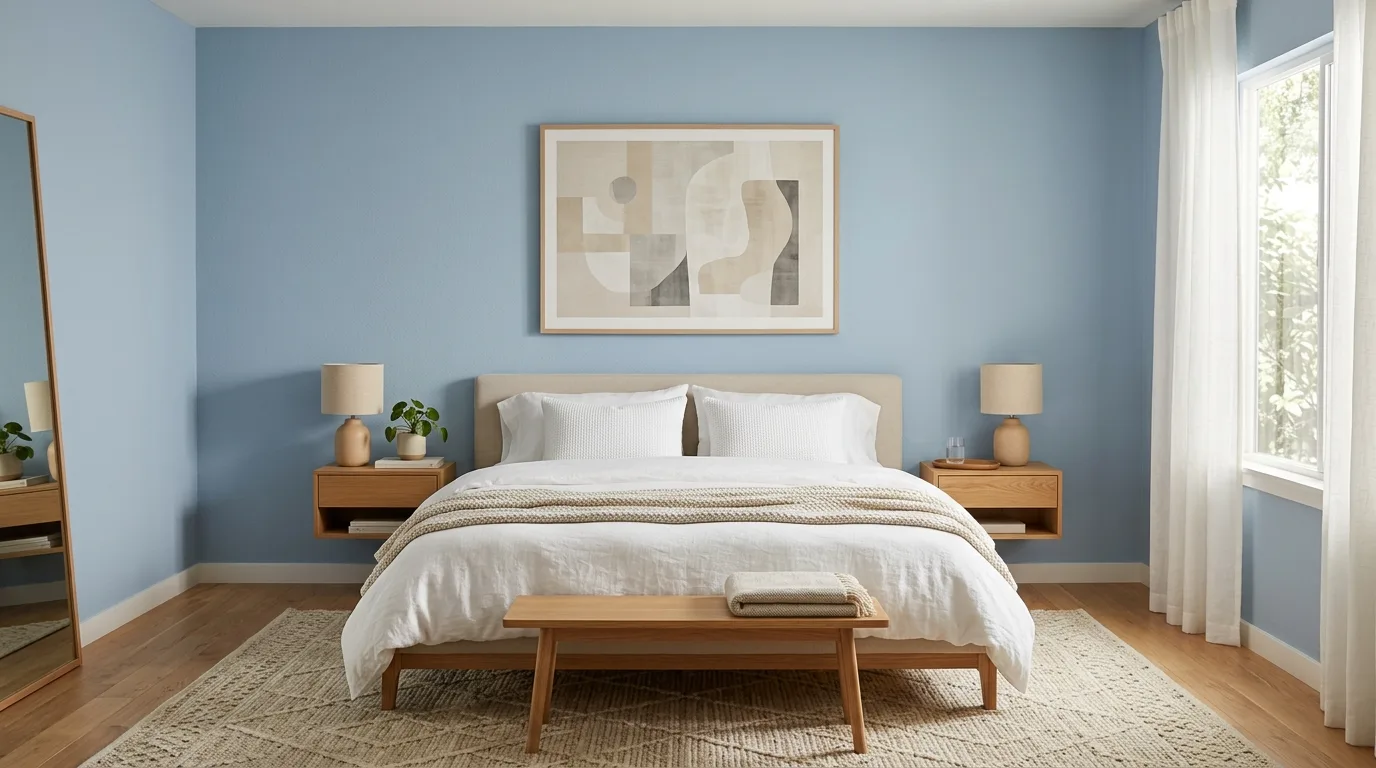 Powder blue bedroom walls with light oak furniture and layered bedding.