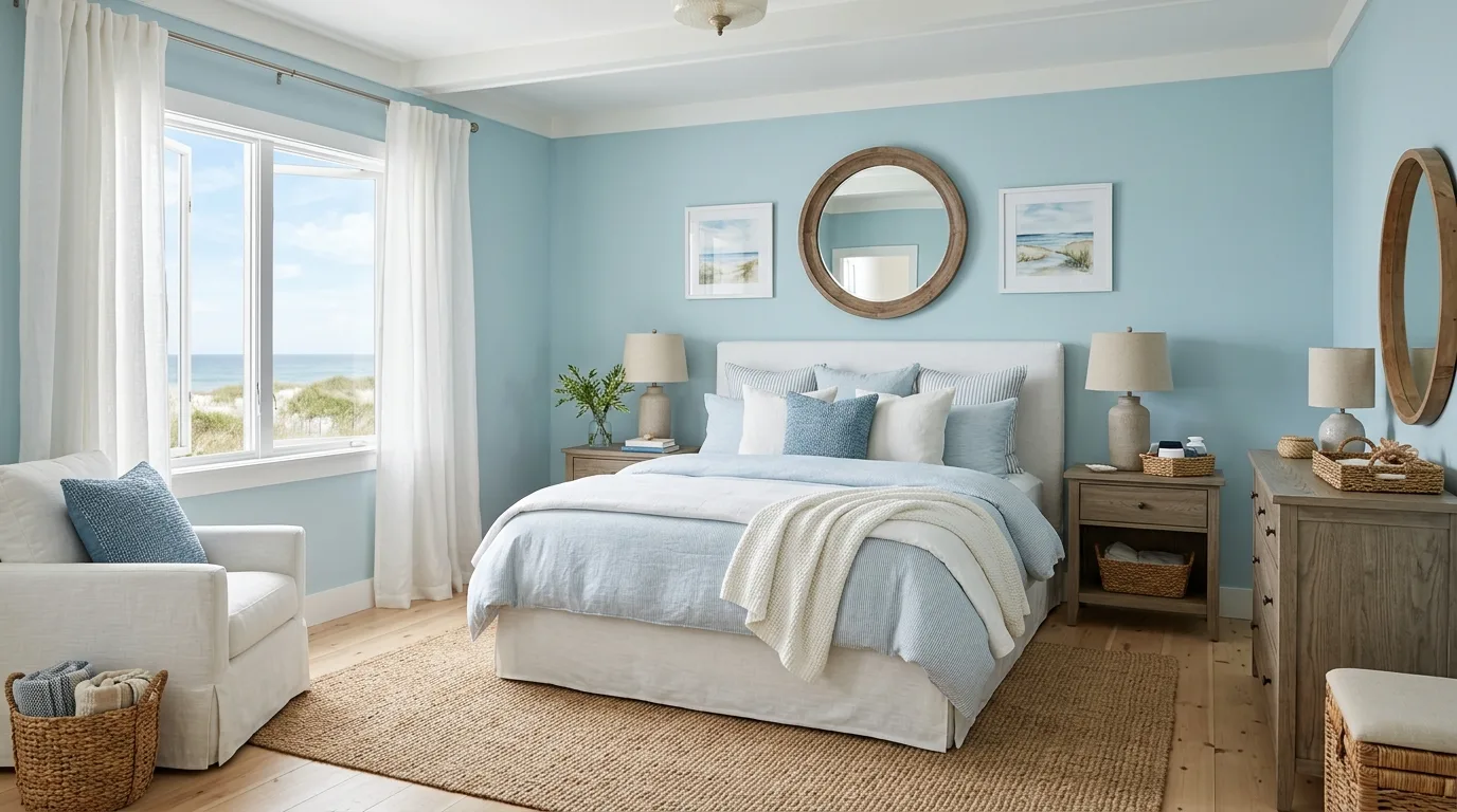 Dusty blue bedroom walls with cream drapery and a cozy upholstered bed.