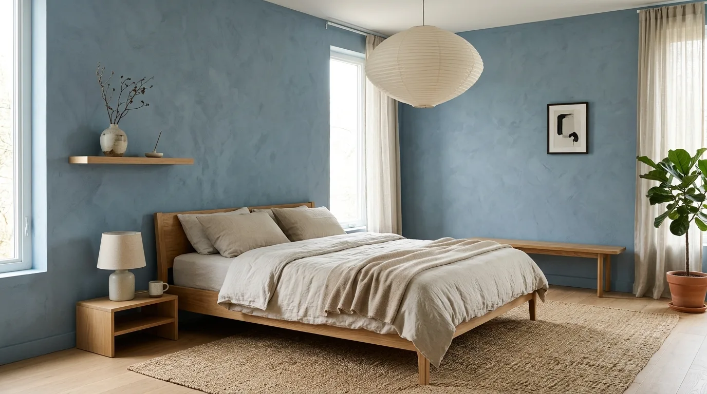 Muted blue wall paneling in a calm bedroom with soft neutral layers.