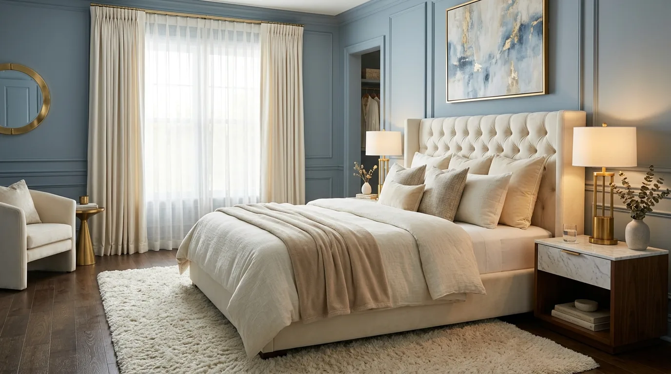 Blue-grey bedroom walls with warm brass sconces and cozy bedding.