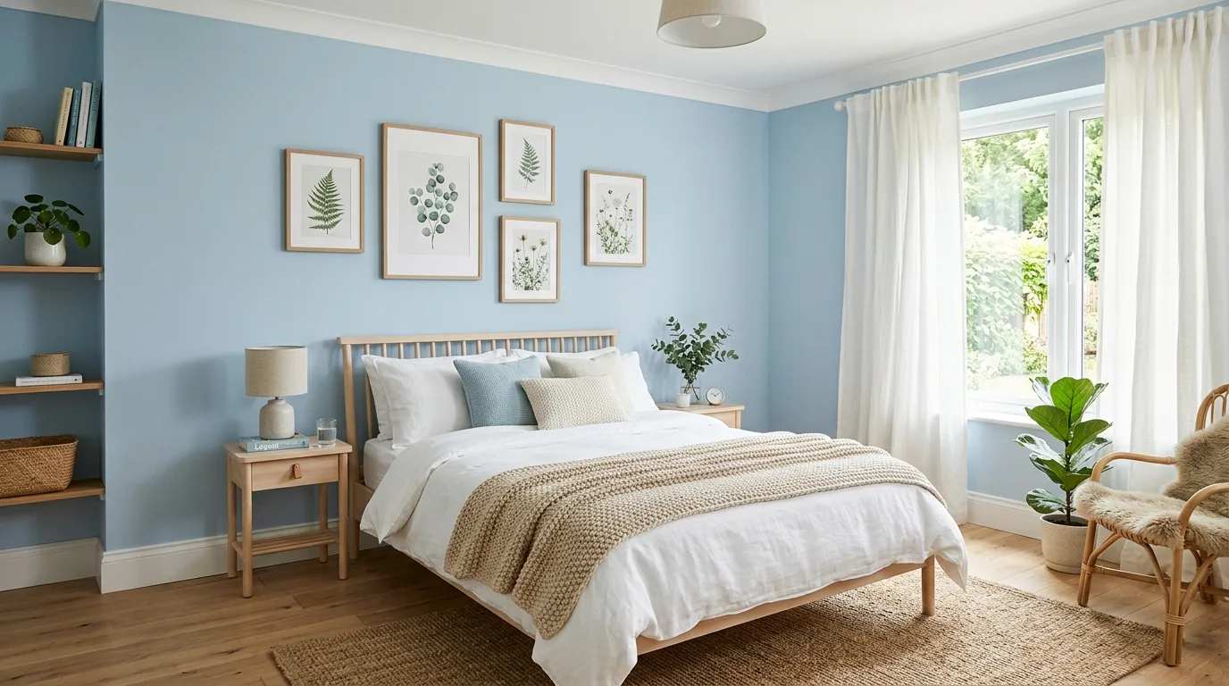 Calm coastal blue bedroom walls with woven textures and airy bedding.