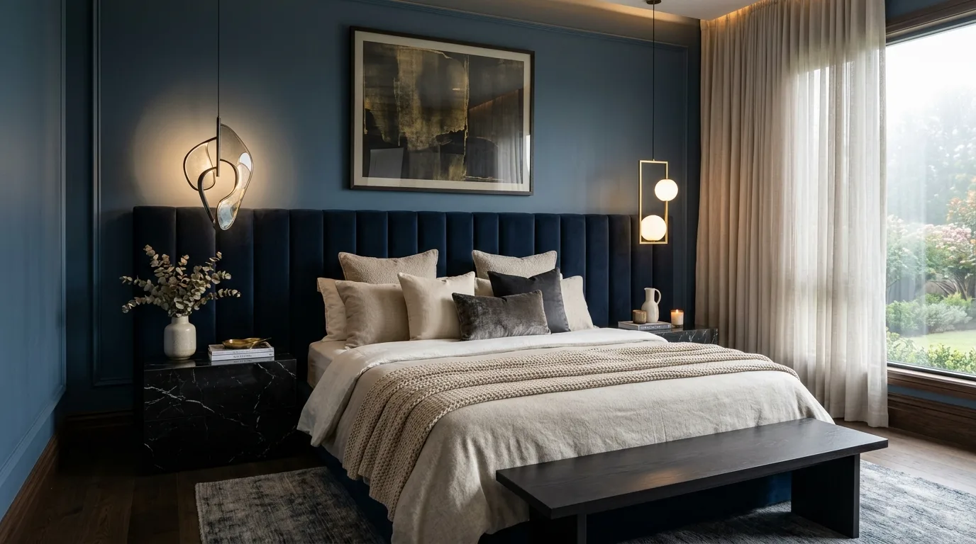 Slate-tinted blue walls in a minimal bedroom with clean lines.