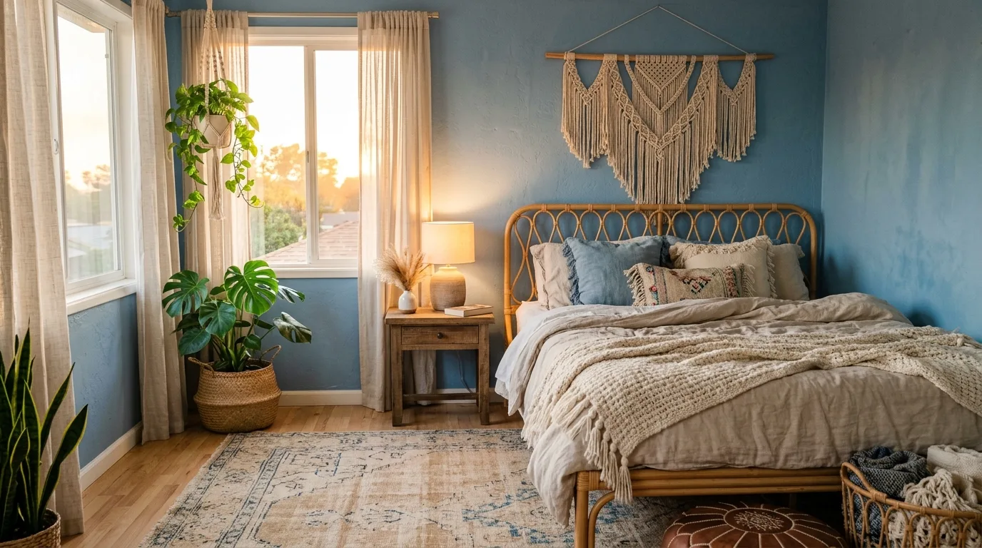 Robin's egg blue bedroom walls with vintage furniture and soft floral bedding.