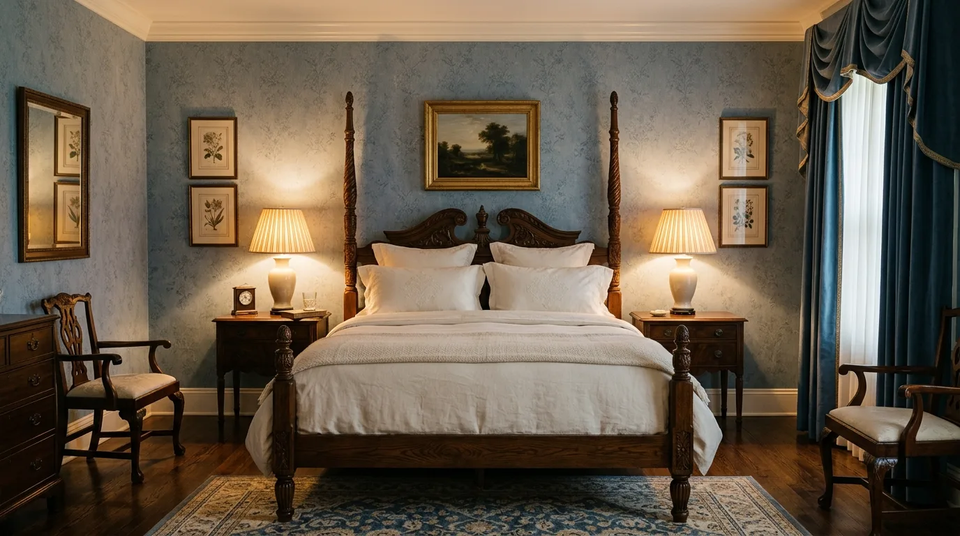 Deep soft blue bedroom wall behind a linen headboard and layered bedding.