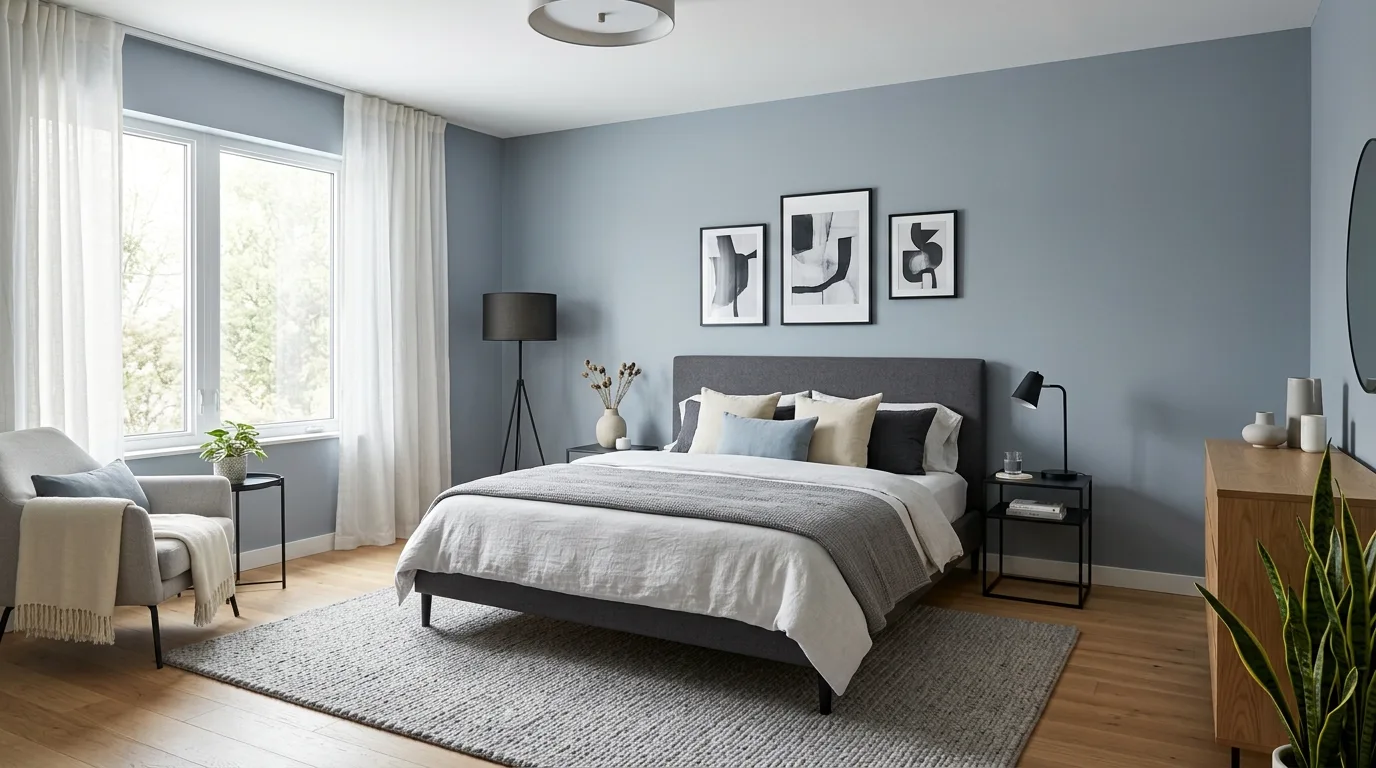 Washed blue bedroom walls with layered neutral textiles and natural wood accents.