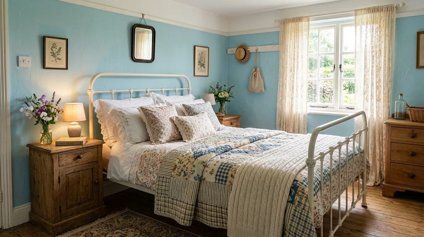 Calming blue walls paired with walnut furniture in a balanced bedroom.